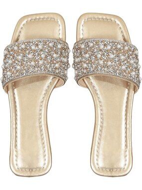 🆕 Women's Champagne Pearl Rhinestone Slide Sandals Open Toe Flat Slipper Us